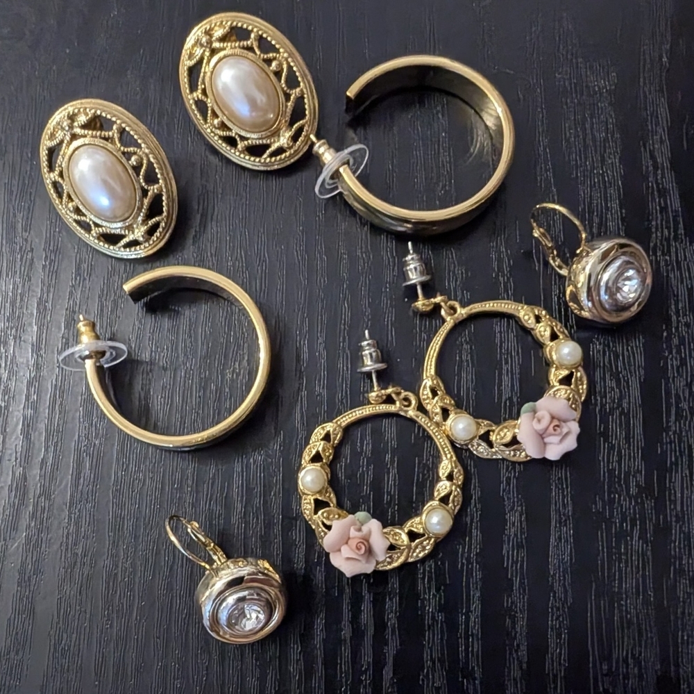 Earring Lot Of 4, Gold Tone Hoop Earrings, Floral &  Pearl Filigree Earrings
